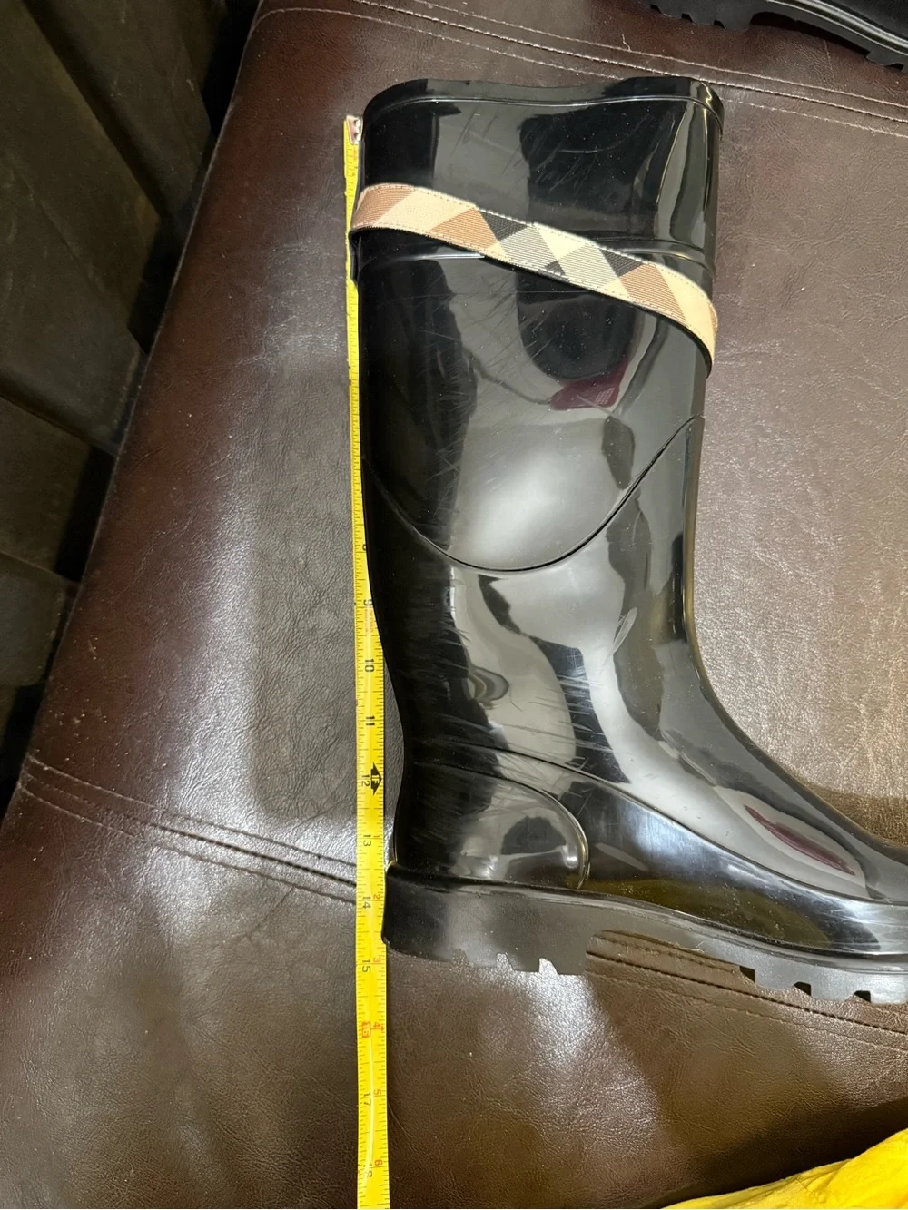 Authentic Burberry Black Rain Boots with Plaid Strap
